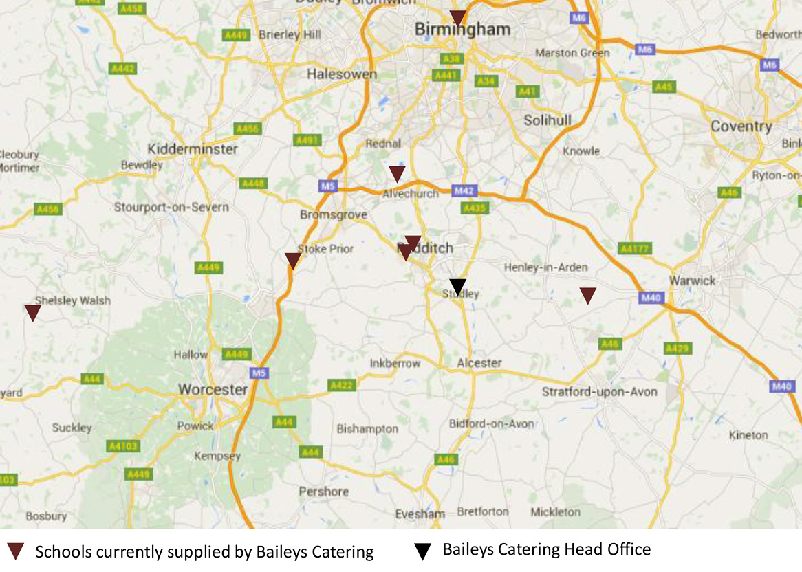 Map of area covered by Baileys Catering